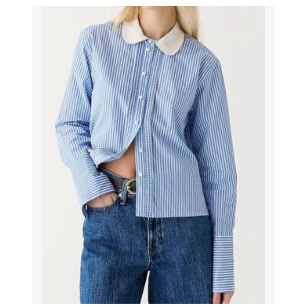 J.Crew Garcon Prep Organic Cotton Striped Shirt Pearl Button Pleated Collar Sz 4